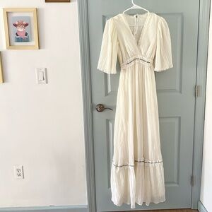 1970s Vintage Boho White Cotton Gauze Maxi Flowy Sundress